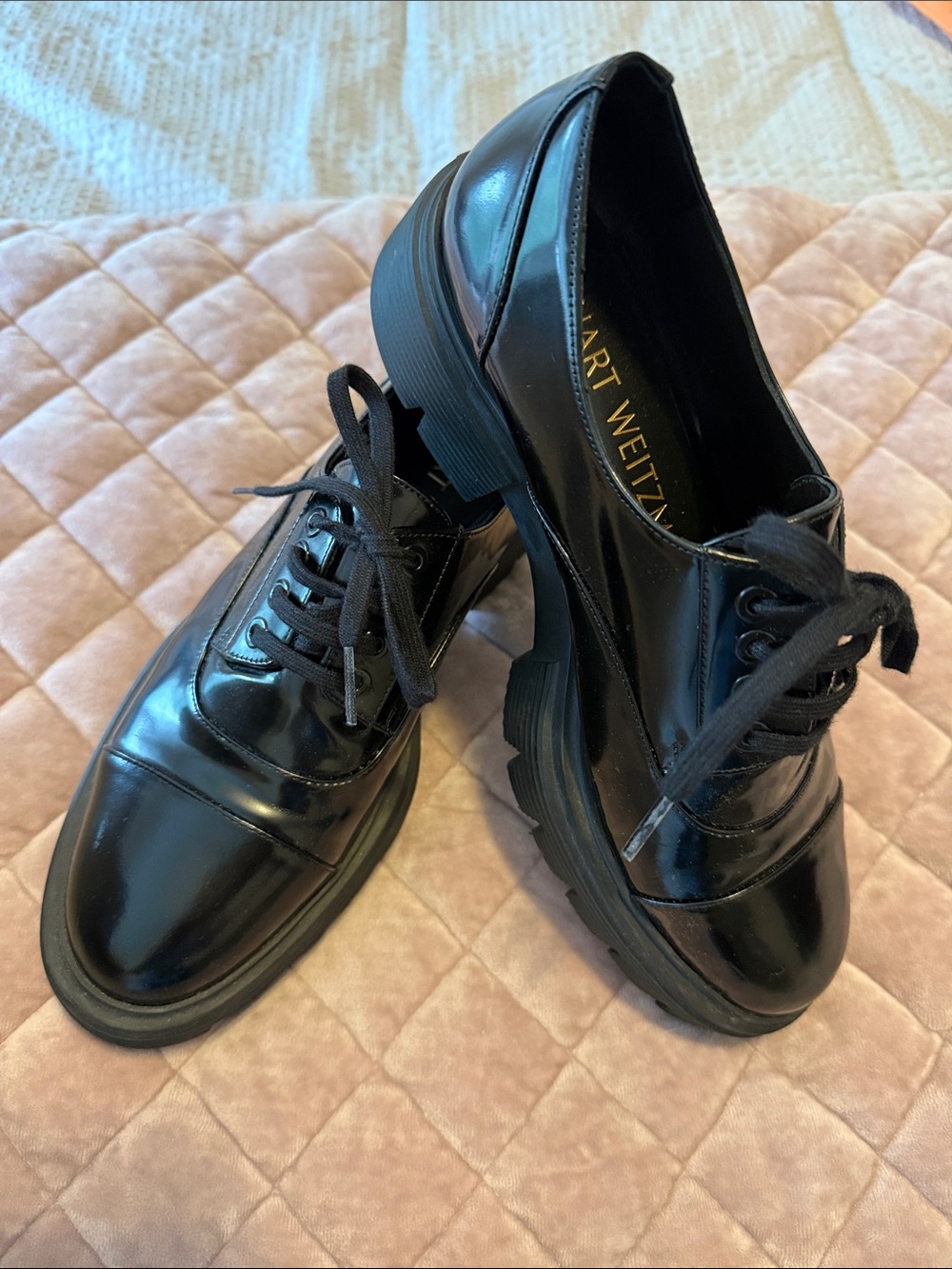 Stuart Weitzman Black Patent Leather Lug Sole Derbys